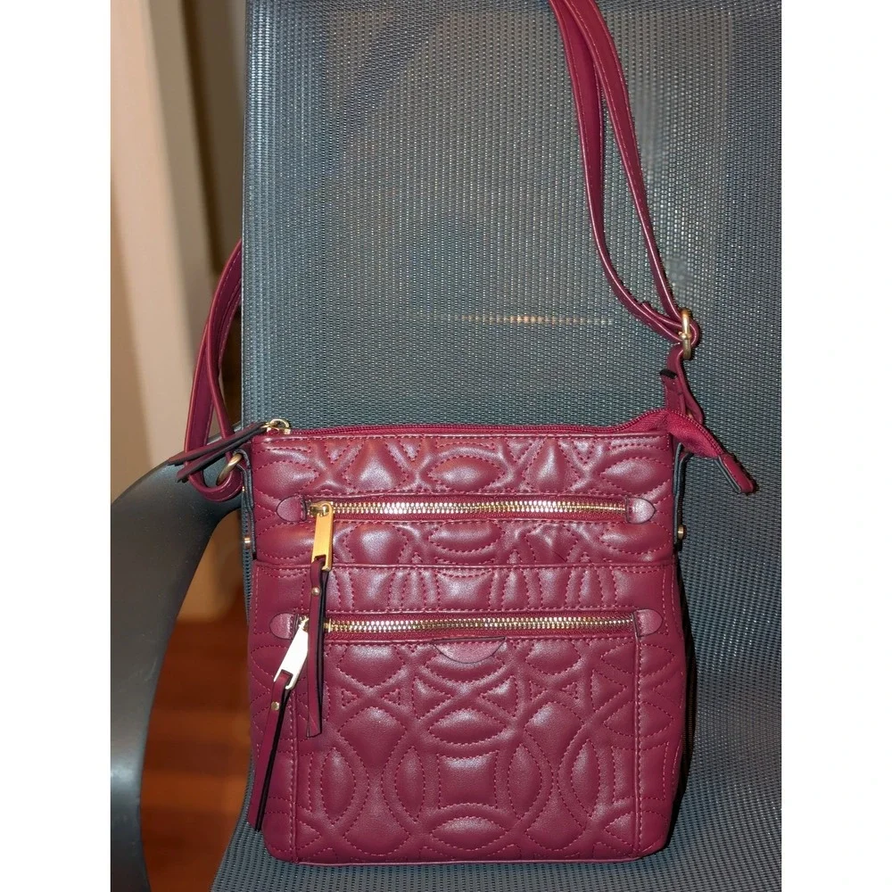 Burgundy Quilted Crossbody Bag Faux Leather Multi Pocket Adjustable Strap